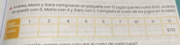 Andrea, Mario y Sara compraron un paquete con 12 jugos que les costó $132. Andrea 
se quedó con 6, Mario con 4 y Sara con 2. Completa el costo de los jugos en la tabla 
ara calcular el costo de cada jugo?