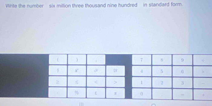 Write the number six million three thousand nine hundred in standard form.