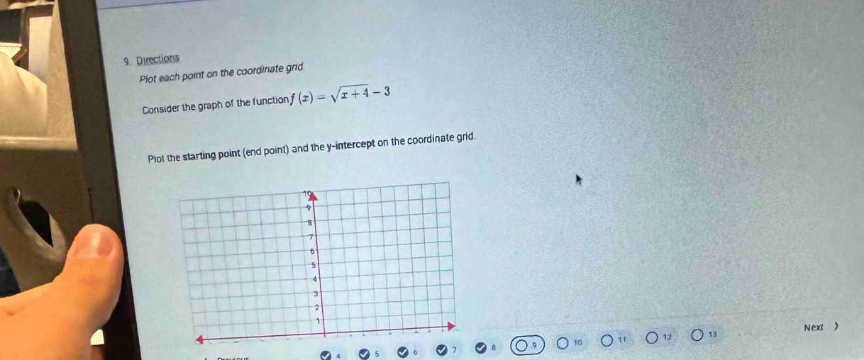 Directions 
Plot each point on the coordinate grid. 
Consider the graph of the function f(x)=sqrt(x+4)-3
Plot the starting point (end point) and the y-intercept on the coordinate grid. 
13 Next )