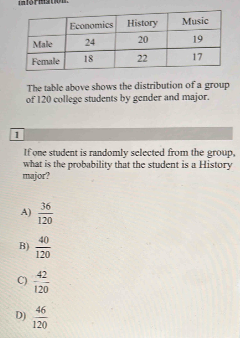 information.
The table above shows the distribution of a group
of 120 college students by gender and major.
1
If one student is randomly selected from the group,
what is the probability that the student is a History
major?
A)  36/120 
B)  40/120 
C)  42/120 
D)  46/120 