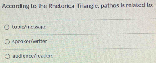 According to the Rhetorical Triangle, pathos is related to:
topic/message
speaker/writer
audience/readers