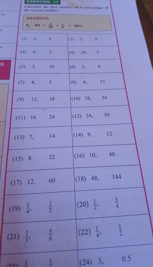 Calculate the first number as a percentage of
the second number.
%
s 
(
(
(2
1 frac 1 (24) 3, jng 0.5