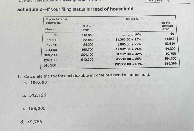 Use the table below to answer questions 1 to 3.
_
Schedule Z—If your filing status is Head of household
1. Calculate the tax for each taxable income of a head of household.
a. 180,000
b. 512,120
c. 156,000
d. 49,765