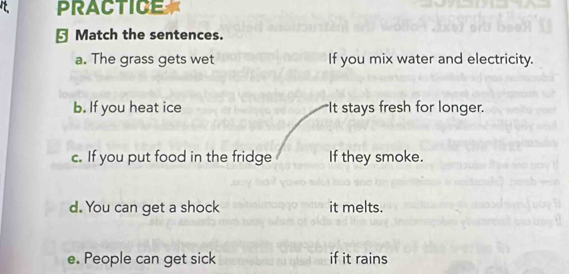 PRACTICE 
§ Match the sentences. 
a. The grass gets wet If you mix water and electricity. 
b. If you heat ice It stays fresh for longer. 
c. If you put food in the fridge If they smoke. 
d. You can get a shock it melts. 
e. People can get sick if it rains