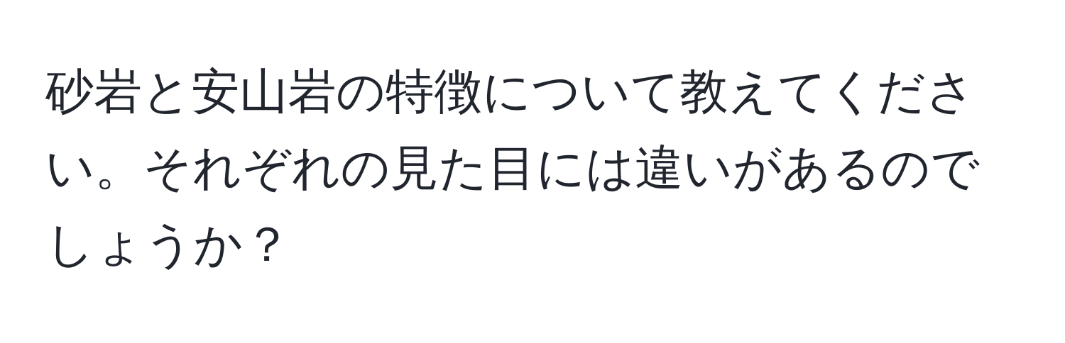 砂岩と安山岩の特徴について教えてください。それぞれの見た目には違いがあるのでしょうか？