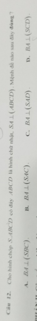 Cầu 12. Cho hình chóp S. ABCD có đáy ABCD là hình chữ nhật, SA⊥ (ABCD). Mệnh đề nào sau đãy đúng ?
A. BA⊥ (SBC). B. BA⊥ (SAC). C. BA⊥ (SAD). D. BA⊥ (SCD).