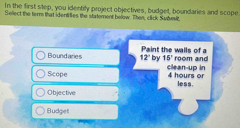 In the first step, you identify project objectives, budget, boundaries and scope.
Select the term that identifies the statement below. Then, click Submit,
Paint the walls of a
Boundaries 12' by 15' room and
clean-up in
Scope 4 hours or
less.
Objective
Budget