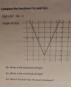 Compare the functions F(x) and G(x).
F(x)=2x^2-8x-1
Graph of G(x)
60. What is the minimum of F(x) ? 
61. What is the minimum of G(x) , 
62. Which function has the least minimum?