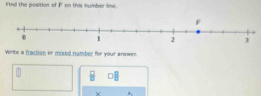 Find the position of F on this number line.
F
0
1
2
3
Write a fraction or mixed number for your answer.
 □ /□   □  □ /□  
× 6