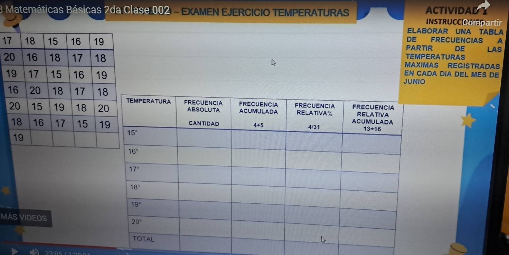 Matemáticas Básicas 2da Clase 002 - EXAMEN EJERCICIO TEMPERATURAS
ACTIVIDAD
INSTRUCC Compartir
ELABORAR UNA TABLA
1
DE FRECUENCIAS A
PARTIR DE LAS
TEMPERATURAS
2 MAXIMAS REGISTRADAS
EN CADA DIA DEL MES DE
JUNIO
MÁS VIDEOS