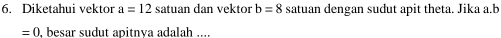 Diketahui vektor a=12 satuan dan vektor b=8 satuan dengan sudut apit theta. Jika a. b
=0 , besar sudut apitnya adalah ....