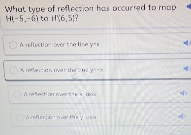 What type of reflection has occurred to map
H(-5,-6) to H'(6,5)
A reflection over the line y=x
A reflection over the line y=-x
A reflection over the x-axis
A reflection over the y-axis