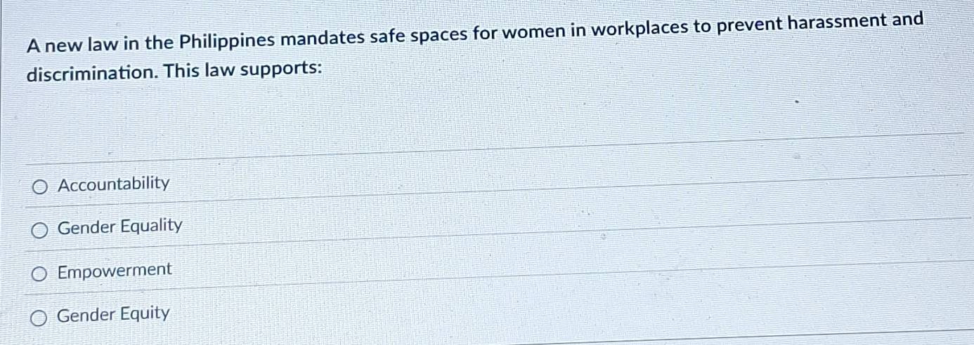 A new law in the Philippines mandates safe spaces for women in workplaces to prevent harassment and
discrimination. This law supports:
Accountability
Gender Equality
Empowerment
Gender Equity