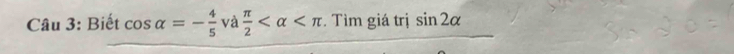 Biết cos alpha =- 4/5  và  π /2  . Tìm giá trị sin 2alpha