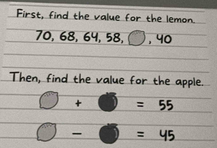 First, find the value for the lemon.
70, 68, 64, 58, C, 90
Then, find the value for the apple.
□ +□ =55
□ -□ =45