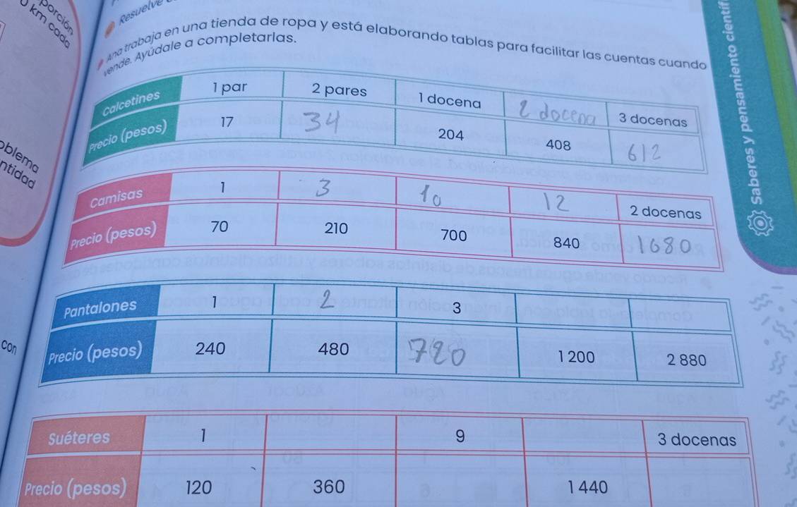 Resuelve 
km cao 
. Ayúdale a completarlas. 
# Ana trabaja en una tienda de ropa y está elaborando tablas para facilitar las cuent 
ble 
n 
c