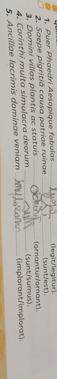 Puer Phaedri Aesopique fabulas _(legit/legitur). 
2. Saepe pigritiă causa patriae ruinae _(sunt/est). 
3. Domini villas plantis ac statuis _(ornantur/ornant). 
4. Corinthi multa simulacra deorum _(sunt/sumus). 
5. Ancillae lacrimis dominae veniam _(implorant/implorat).