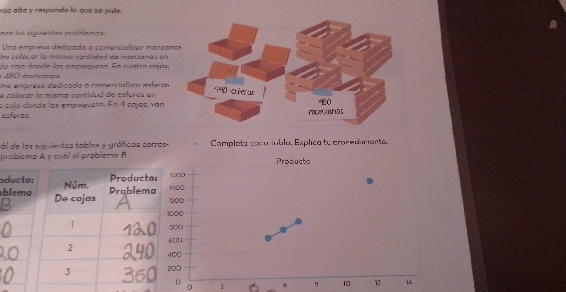 voz alta y responde lo que se pide. 
nen los siguientes problemas: 
Una empresa dedicada a comercializar manzan 
be colocar la misma cantidad de manzanas en 
da caja donde las empaqueta. En cuatro cajas,
480 manzanas. 
Una empresa dedicada a comercializar esferas 
e colocar la misma cantidad de esferas en 
a caja donde las empaqueta. En 4 cajas, van 
esferas. 
ál de las siguientes tablas y gráficas corres- Completa cada tabla. Explica tu procedimiento. 
problema A y cuál al problema B. 
Producto
1600
o
b1400
1200
000
800
600
400
00
0
2
6 8 10 12 14