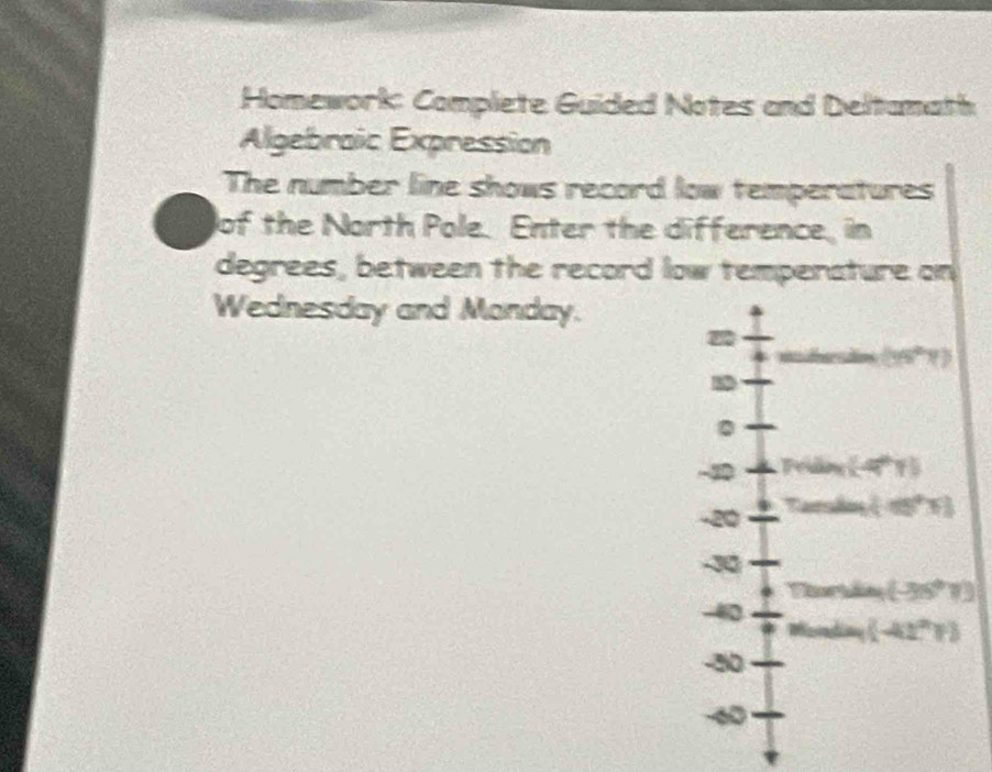 Homework: Complete Guided Notes and Deltamath
Algebraic Expression
The number line shows record low temperatures
of the North Pole. Enter the difference, in
degrees, between the record low temperature on
Wednesday and Manday.
8D
20
∞
-42
-50
∞0