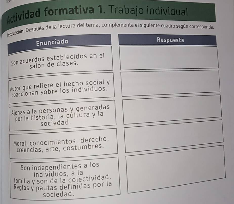 Actividad formativa 1. Trabajo individual
Instrucción. Después de la lectura del tema, complementa el siguiente cuadro según corresponda.
Enunciado
Respuesta
Son acuerdos establecidos en el
salón de clases.
Autor que refiere el hecho social y
coaccionan sobre los individuos.
Ajenas a la personas y generadas
por la historia, la cúltura y la
sociedad.
Moral, conocimientos, derecho,
creencias, arte, costumbres.
Son independientes a los
individuos, a la
familia y son de la colectividad.
Reglas y pautas definidas por la
sociedad.