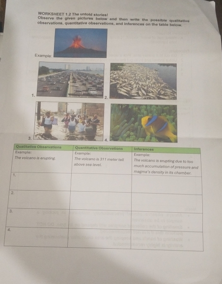 WORKSHEET 1.2 The untold stories! 
Observe the given pictures below and then write the possible qualitative 
observations, quantitative observations, and inferences on the table below. 
Examp 
1. 
2,