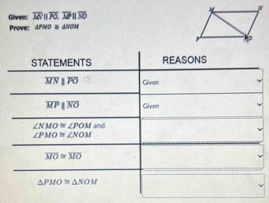 Given: overline MNparallel overline PO,overline MPparallel overline NO
Prove: △ PMO≌ △ NOM