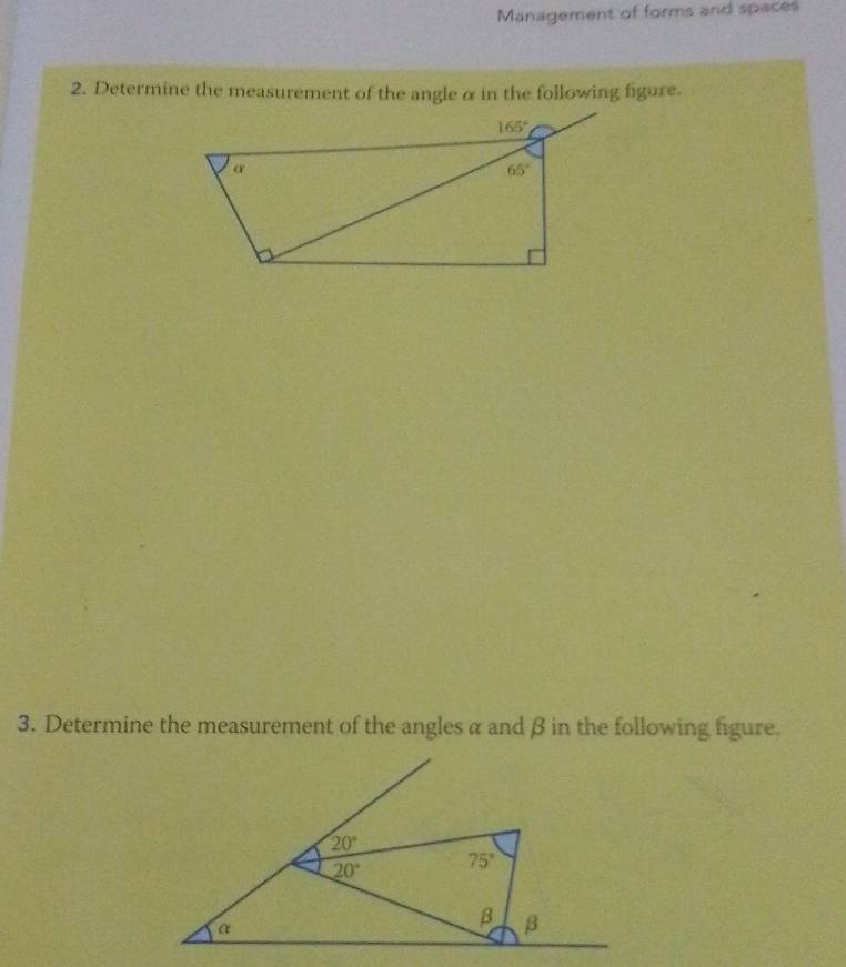 Management of forms and spaces
2. Determine the measurement of the angle α in the following figure.
3. Determine the measurement of the angles α and β in the following figure.