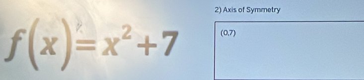 Axis of Symmetry
f(x)=x^2+7 (0,7)