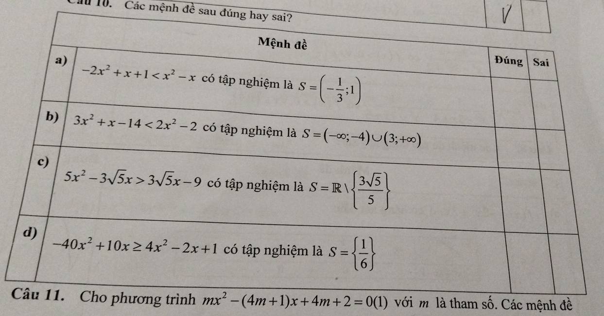 Ấ 10. Các mệnh đề sau đúng ha
V
nh mx^2-(4m+1)x+4m+2=0(1) với m là tham số. Các mệnh đề