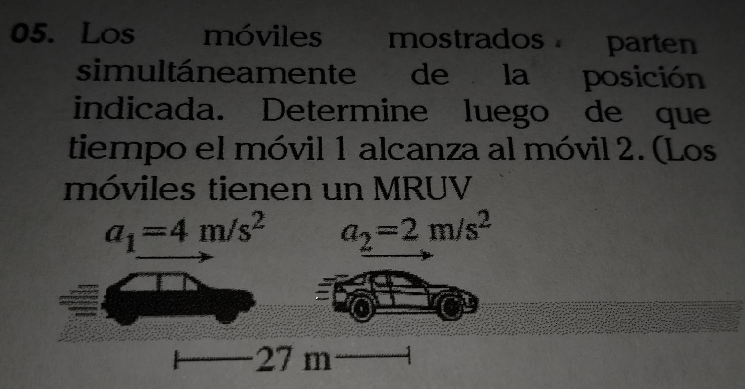 Los móviles mostrados parten 
simultáneamente de la posición 
indicada. Determine luego de que 
tiempo el móvil 1 alcanza al móvil 2. (Los 
móviles tienen un MRUV
a_1=4m/s^2
a_2=2m/s^2
27 m