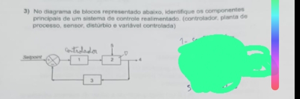 No diagrama de blocos representado abaixo, identifique os componentes 
principais de um sistema de controle realimentado. (controlador, planta de 
processo, sensor, distúrbio e variável controlada)