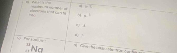 What is the 
maximum number of 
a) 
electrons that can fit b) 
into: 
c d- 
d) f-
23
9) For sodium: a) Give the basic electron configu
11 Na