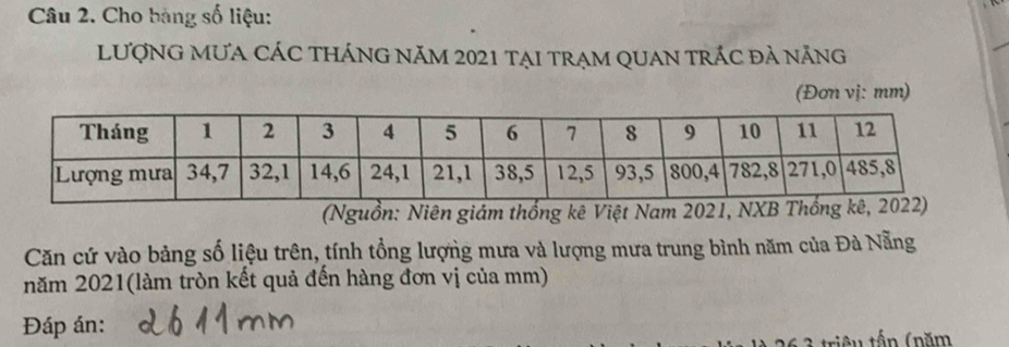 Cho bảng số liệu: 
LượnG mƯa CÁC thÁng năm 2021 tại trạm QUAn trÁc đả năng 
(Đơn vị: mm) 
(Nguồn: Niên giám thống kê Việt Nam 2021, NXB 
Căn cứ vào bảng số liệu trên, tính tổng lượng mưa và lượng mưa trung bình năm của Đà Nẵng 
năm 2021(làm tròn kết quả đến hàng đơn vị của mm) 
Đáp án: 
triệu tần (năm