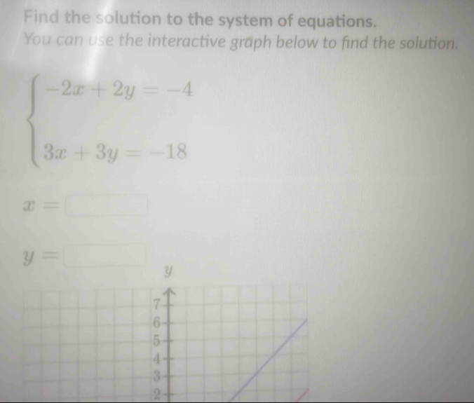 Find the solution to the system of equations.
You can use the interactive graph below to find the solution.
beginarrayl -2x+2y=-4 3x+3y=-18endarray.
x=□
y=□
2