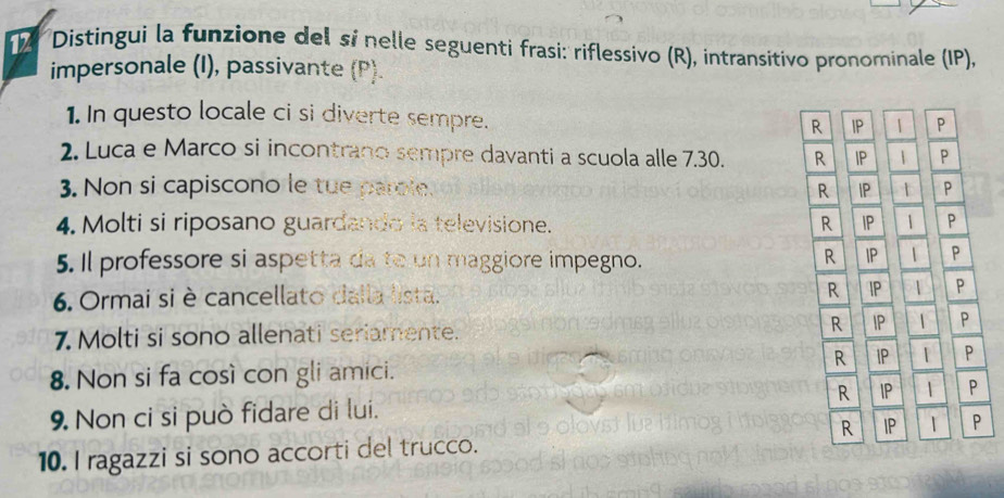 Distingui la funzione del sí nelle seguenti frasi: riflessivo (R), intransitivo pronominale (IP),
impersonale (I), passivante (P).
1. In questo locale ci si diverte sempre. IP 1 P
R
2. Luca e Marco si incontrano sempre davanti a scuola alle 7.30. R IP 1 P
3. Non si capiscono le tue parole. R IP t P
4. Molti si riposano guardando la televisione. R IP 1 P
5. Il professore si aspetta da to un maggiore impegno.
R IP P
6. Ormai si è cancellato dalla lista. R IP 1 P
7. Molti si sono allenati seriamente. R IP 1 P
R IP P
8. Non si fa così con gli amici.
9. Non ci si può fidare di lui. R IP | P
10. I ragazzi si sono accorti del trucco. R IP P