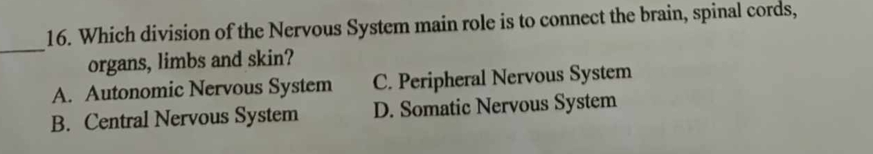 Which division of the Nervous System main role is to connect the brain, spinal cords,
_
organs, limbs and skin?
A. Autonomic Nervous System C. Peripheral Nervous System
B. Central Nervous System D. Somatic Nervous System