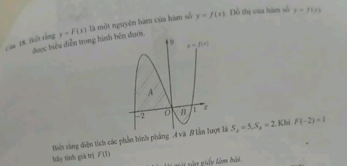 Cầu 18. Biết rằng y=F(x) là một nguyên hám của hàm số y=f(x). Đỗ thị của hàm số y=f(x)
được biểu diễn trong hình bên đưới.
Biết rằng diện tích các phần hình phẳng A và Bợt là S_A=5,S_B=2. Khi F(-2)=1
hãy tính giá trị F(1)
ài yào giấy làm bài.