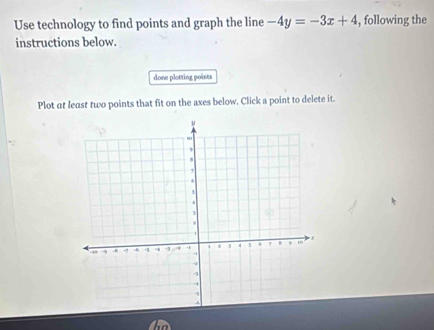 Use technology to find points and graph the line -4y=-3x+4 , following the 
instructions below. 
done plotting points 
Plot at least two points that fit on the axes below. Click a point to delete it.