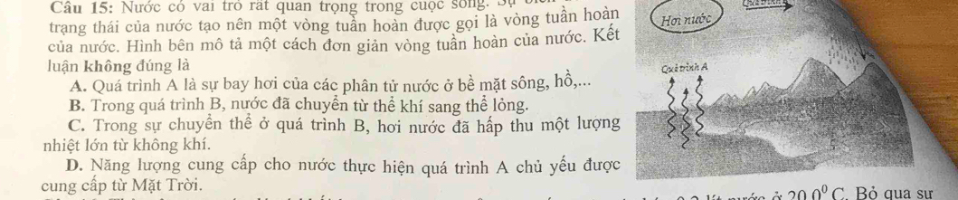 Nước có vai trò rạt quan trọng trong cuộc sống: Đự
trang thái của nước tạo nên một vòng tuần hoàn được gọi là vòng tuần hoà
của nước. Hình bên mô tả một cách đơn giản vòng tuần hoàn của nước. Kế
luận không đúng là
A. Quá trình A là sự bay hơi của các phân tử nước ở bề mặt sông, hồ,...
B. Trong quá trình B, nước đã chuyển từ thể khí sang thể lỏng.
C. Trong sự chuyền thể ở quá trình B, hơi nước đã hấp thu một lượn
nhiệt lớn từ không khí.
D. Năng lượng cung cấp cho nước thực hiện quá trình A chủ yếu đượ
cung cấp từ Mặt Trời. Bỏ qua sư
200°C