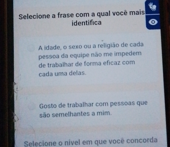 Selecione a frase com a qual você mais
identifica
A idade, o sexo ou a religião de cada
pessoa da equipe não me impedem
de trabalhar de forma efícaz com
cada uma delas.
Gosto de trabalhar com pessoas que
são semelhantes a mim.
Selecione o nível em que você concorda