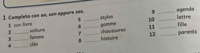 stylos _agenda 
1 Completa con sa, son oppure ses. 
9 
10 
1 son livre __lettre 
6 fille 
2 voiture gomme 
3 femme _chaussures 11_ 
7 
4 ___clés __histoire 12 _parents 
8