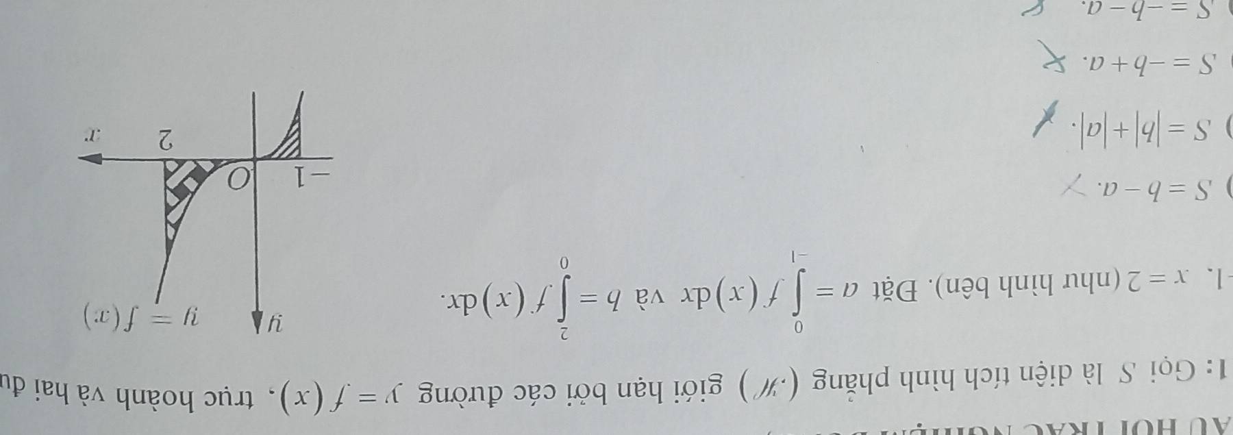 1: Gọi S là diện tích hình phẳng (.#) giới hạn bởi các đường y=f(x) , trục hoành và hai đu
-1. x=2 (như hình bên). Đặt a=∈tlimits _(-1)^0f(x)dx và b=∈tlimits _0^2f(x)dx.
S=b-a.
S=|b|+|a|.
S=-b+a.
S=-b-a.