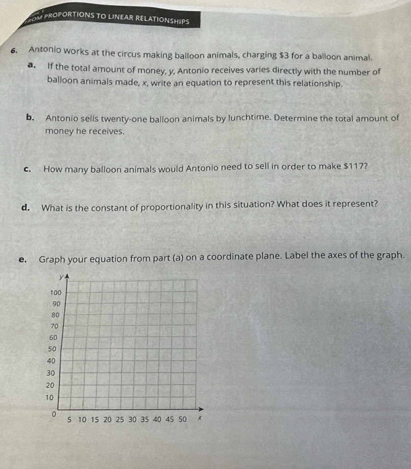 ROM PROPORTIONS TO LINEAR RELATIONSHIPS 
6. Antonio works at the circus making balloon animals, charging $3 for a balloon animal. 
a. If the total amount of money, y, Antonio receives varies directly with the number of 
balloon animals made, x, write an equation to represent this relationship. 
b. Antonio sells twenty-one balloon animals by lunchtime. Determine the total amount of 
money he receives. 
c. How many balloon animals would Antonio need to sell in order to make $117? 
d. What is the constant of proportionality in this situation? What does it represent? 
e. Graph your equation from part (a) on a coordinate plane. Label the axes of the graph.