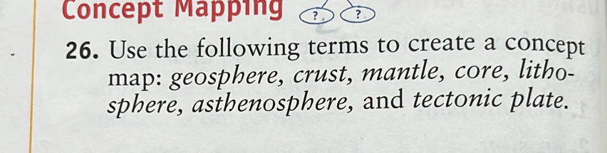 Concept Mapping ? 
26. Use the following terms to create a concept 
map: geosphere, crust, mantle, core, litho- 
sphere, asthenosphere, and tectonic plate.