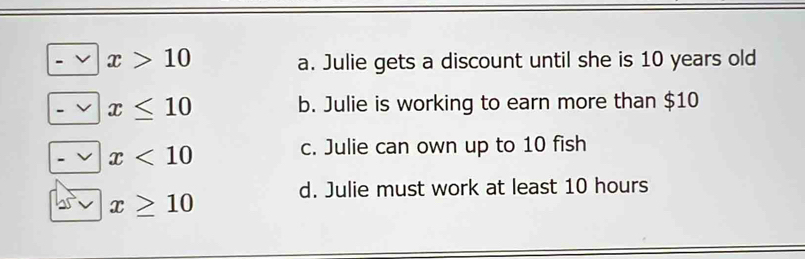 x>10 a. Julie gets a discount until she is 10 years old
x≤ 10 b. Julie is working to earn more than $10
x<10</tex> c. Julie can own up to 10 fish
x≥ 10 d. Julie must work at least 10 hours