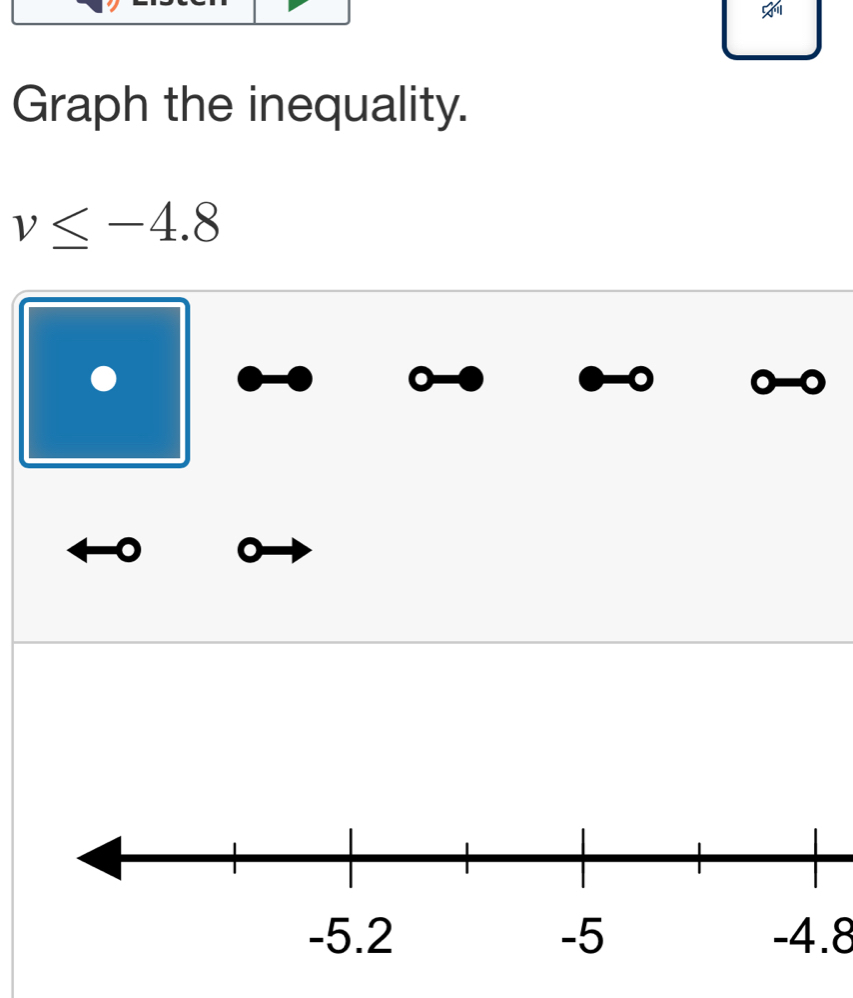 Graph the inequality.
v≤ -4.8
-4.8