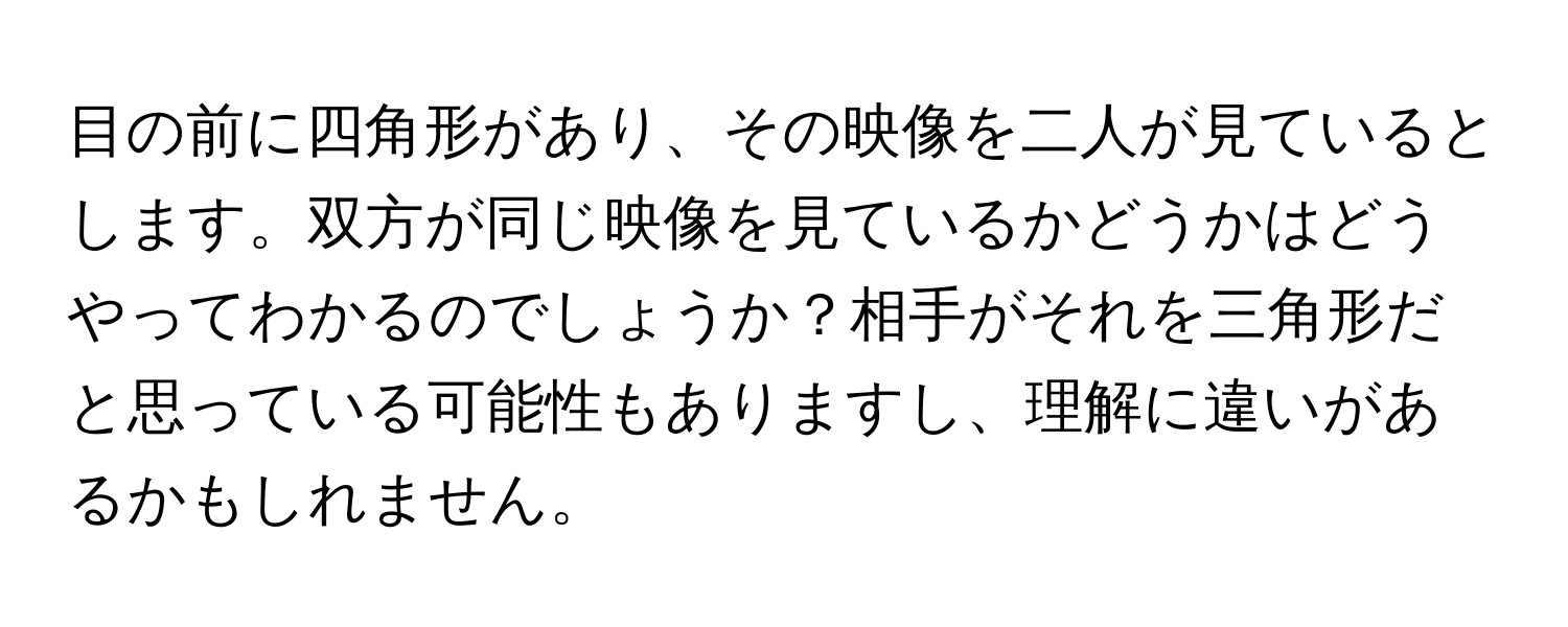 目の前に四角形があり、その映像を二人が見ているとします。双方が同じ映像を見ているかどうかはどうやってわかるのでしょうか？相手がそれを三角形だと思っている可能性もありますし、理解に違いがあるかもしれません。