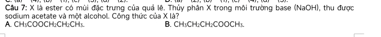 là ester có mùi đặc trưng của quả lê. Thủy phân X trong môi trường base (NaOH), thu được
sodium acetate và một alcohol. Công thức của X là?
A. CH_3COOCH_2CH_2CH_3. B. CH_3CH_2CH_2COOCH_3.