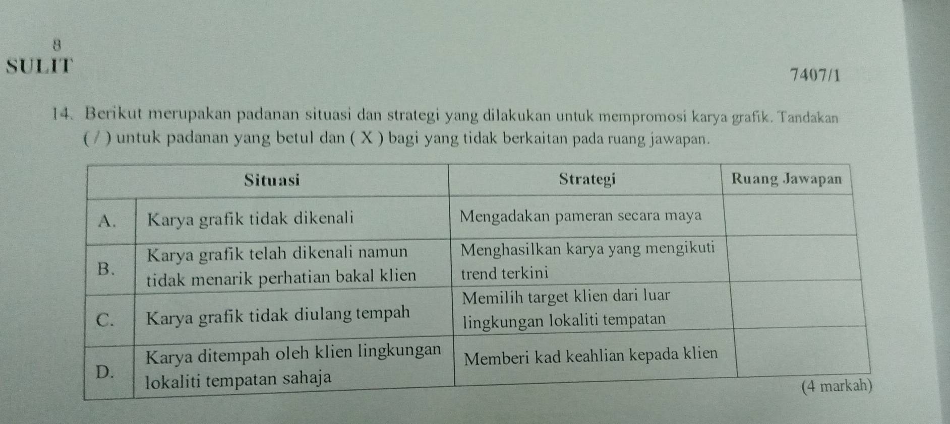 SULIT 
7407/1 
14. Berikut merupakan padanan situasi dan strategi yang dilakukan untuk mempromosi karya grafík. Tandakan 
( / ) untuk padanan yang betul dan ( X ) bagi yang tidak berkaitan pada ruang jawapan.