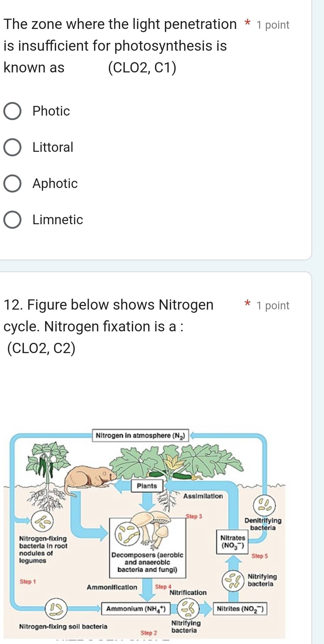 The zone where the light penetration * 1 point
is insufficient for photosynthesis is
known as (CLO2, C1)
Photic
Littoral
Aphotic
Limnetic
12. Figure below shows Nitrogen 1 point
cycle. Nitrogen fixation is a :
(CLO2, C2)
Step 2